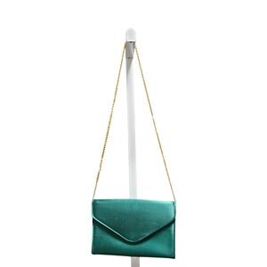 VTG Hunter Green Satin Envelope Clutch‎ Purse with Gold Chain Strap Evening Bag